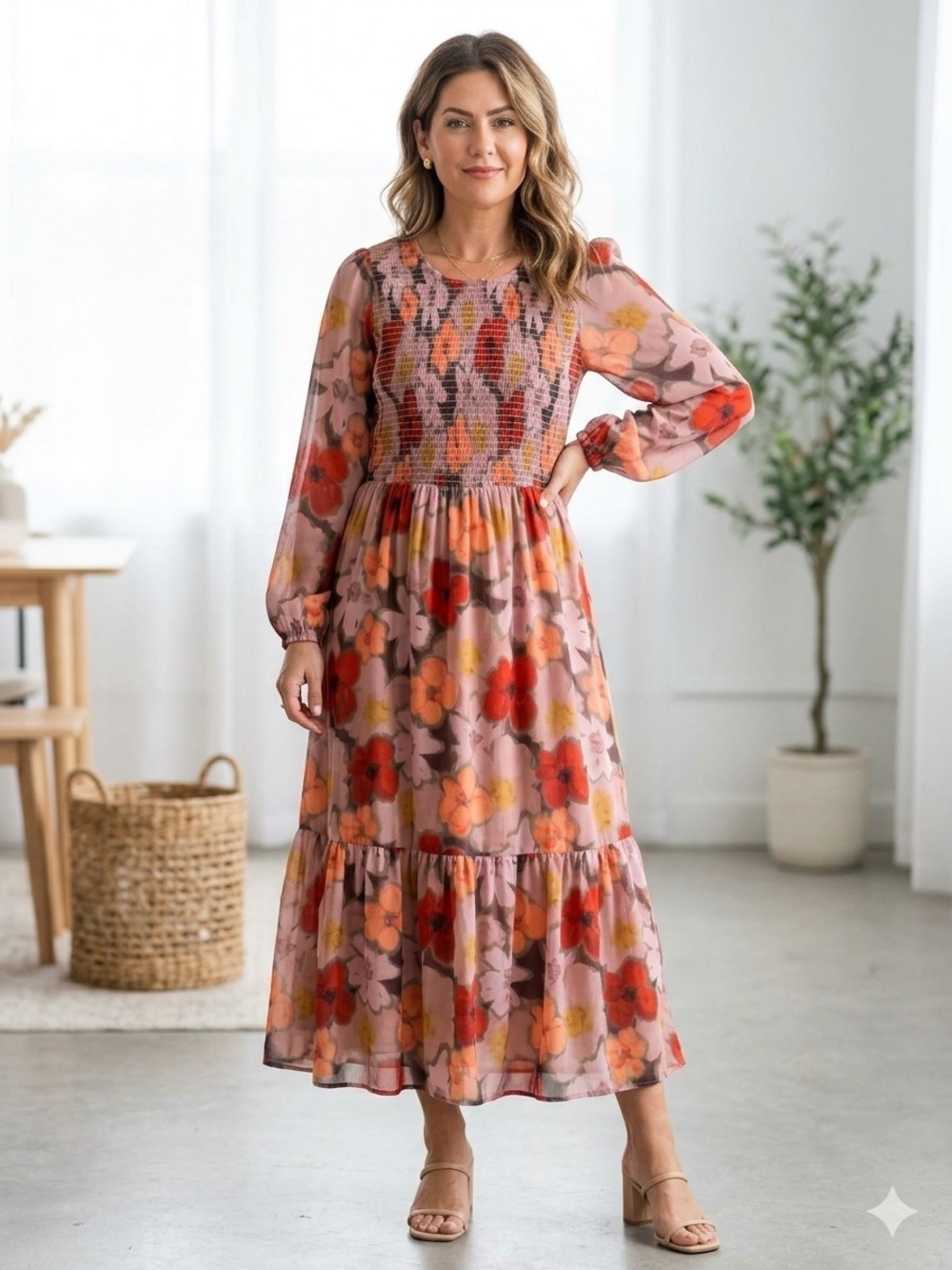NWOT Jillian Harris x Madaboutstyle Grace Smocked Floral Midi Dress Boho L